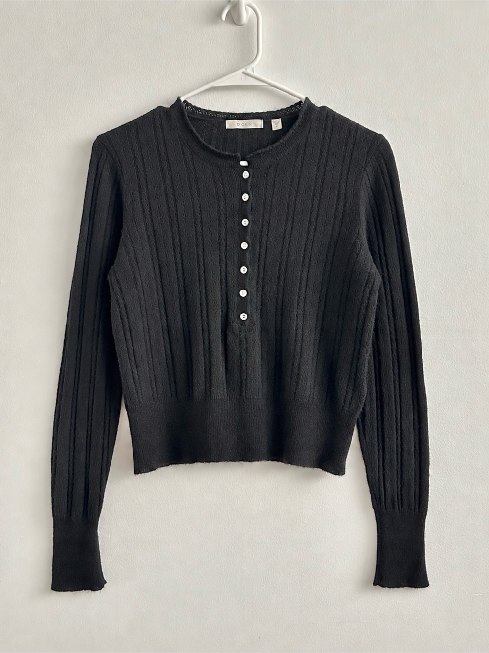 Doen Josien Black Merino Wool Cashmere Silk Thin Pointelle Henley Sweater Top